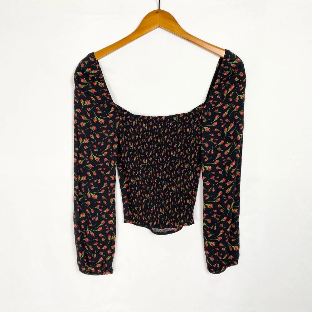 Reformation Reign Top Mina Size 2 Long Sleeve Floral Smocked Stretch - Picture 2 of 5